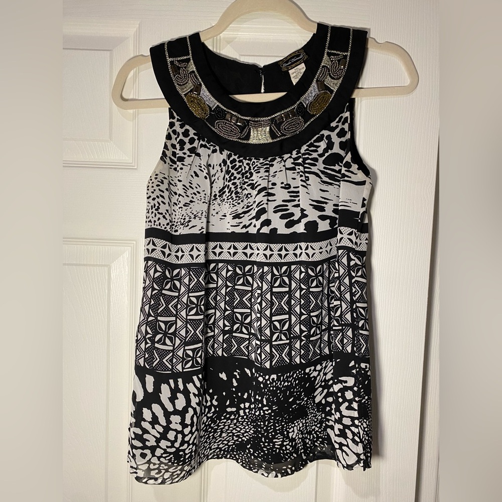 Chenault Black and White Graphic Blouse with Beaded Embellishments